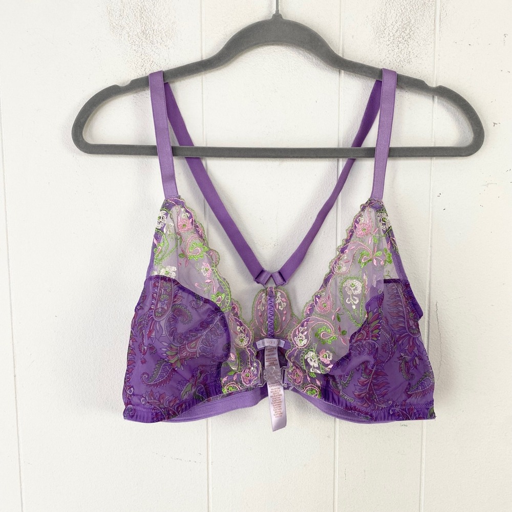 Savage X Fenty Purple Paisley Floral Embroidered Mesh Bralette 3X Front Clasp